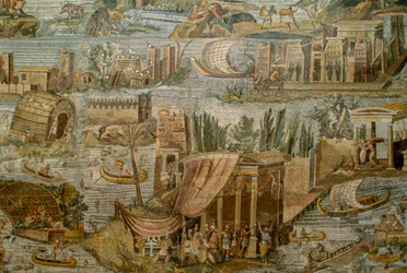 Mosaïque romaine représentant une vue fantaisiste du Nil en crue. Museo Archeologico