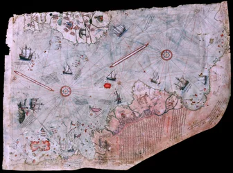 La carte de Piri Reis Haritasi achevée en 1513. MUSÉE DU PALAIS DE TOPKAPI, ISTANBUL, TURQUIE.