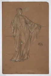 Figure drapée à une balustrade