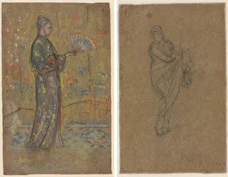 Femme japonaise peignant un éventail (recto) ; femme debout relevant sa robe (verso)