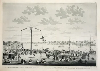 Vue sur les rives du Gange avec représentation du Churruck Poojah