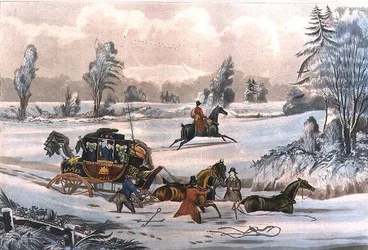 La diligence dans une dérive de neige, gravée par G. Reeves, publiée par J. Watson le 21/9/1825