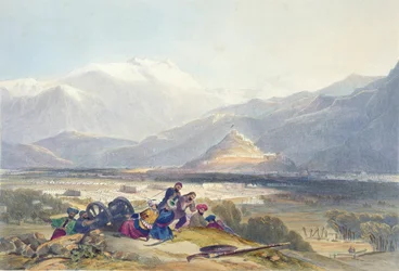 Bala Hissar et la ville de Kaboul avec les cantonnements britanniques depuis la colline de Ba Maroo, début des hostilités, planche 16 de « Scenery, Inhabitants and Costumes of Afghanistan », gravée par R. Carrick