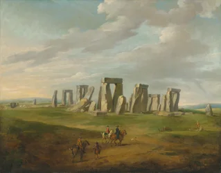 Stonehenge avec une calèche et des voyageurs à cheval
