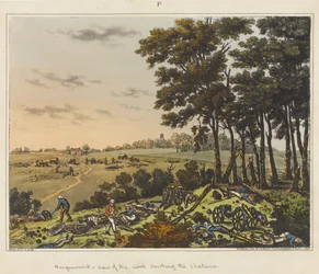 Hougoumont - vue du bois longeant le château, extrait de "An Historical Account of the Battle of Waterloo" (récit historique de la bataille de Waterloo)