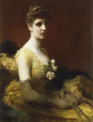Portrait de Lady Dixon de Rheda, trois-quarts longueur, assise portant une robe jaune avec des fleurs tenant un éventail