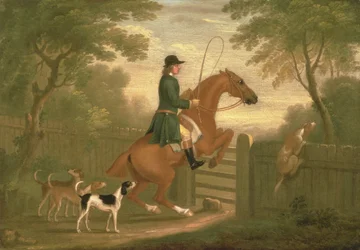 Chasseur avec ses chiens dans un paysage