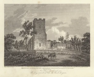 Robert Bloomfield, poète : Église de Honington et le cottage où Robert Bloomfield est né (gravure)
