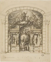 Conception pour un décor de scène (Hampton Court) avec des figures mythologiques