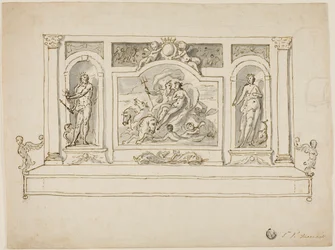 Neptune et Amphitrite flanqués de Jupiter et Junon : Design for Painted Hall or Garden Bench