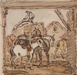 Cour de ferme et chevaux