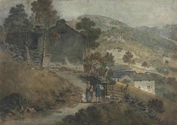 Paysage avec chalets et personnages