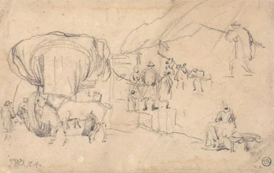 Feuille de croquis : Chariot, cheval, laitière et autres études de figures