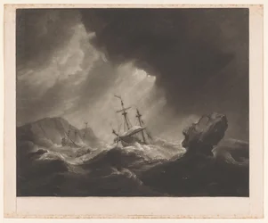 Tempête en mer avec naufrage et navire en train de couler
