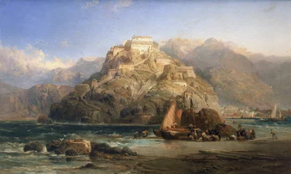 Vue de Saint-Sébastien (Espagne), au centre, le mont Urgull et les bâtiments du château de Santa Cruz de la Mota