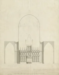 Intérieur de la cathédrale de Lichfield - Entrée du chœur à la nef : dessin et lavis