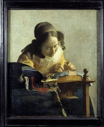 La Dentellière. Peinture de Jan (Johannes) Vermeer de Delft (1632-1675), vers 1658-1660. Huile sur toile. Dim : 0,24x0,21m. Musée du Louvre