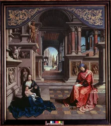 Saint Luc peignant la Vierge. Peinture de Jan Gossaert, dit Mabuse (vers 1478-1532), 1515, dimensions 205 x 230 cm, Prague, Galerie nationale