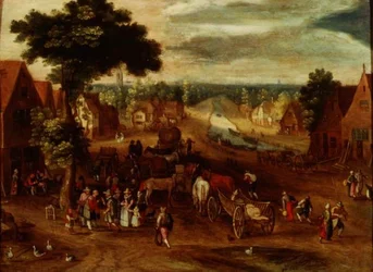 Un village avec des voyageurs devant une auberge
