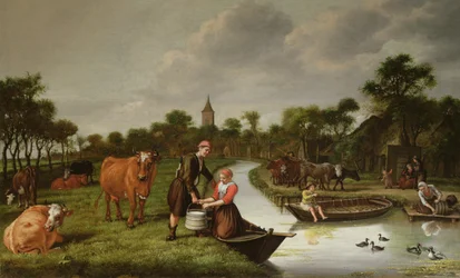 Paysage fluvial avec un couple portant une baratte à lait