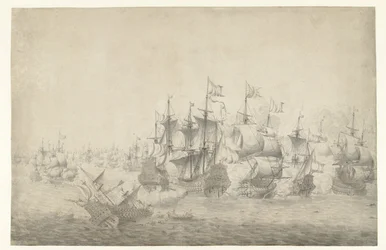 Une bataille navale, peut-être à Lowestoft le 13 juin 1665 (feuille de gauche)