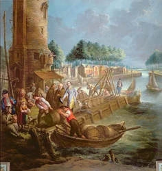 Scène de canal avec marchand de vin déchargeant des barils