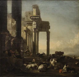 Paysage italien avec paysans, bétail et moutons près de ruines classiques, vers 1650