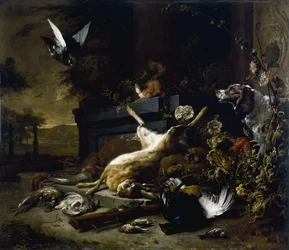 Nature morte de gibier comprenant un lièvre, un tétras lyre et une perdrix, avec un épagneul qui regarde et un pigeon en vol, vers 1680