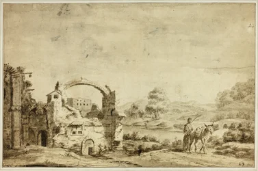 Paysage italianisant avec ruines, femme et âne