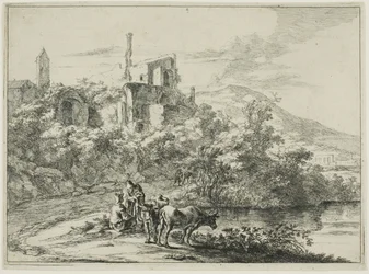 Paysage avec ruines et deux vaches au bord de l