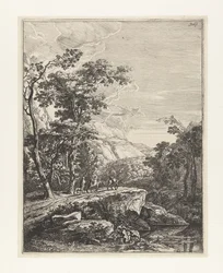 Paysage avec une femme montée sur une mule le long de l