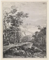 Paysage avec une femme à dos de mulet le long de l
