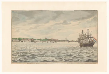 La ville de Colombo à Ceylan vue du nord en 1785 depuis les routes, avec son église et sa tour démolies, qui étaient en cours de reconstruction