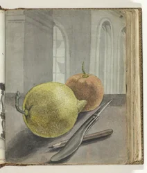 Nature morte avec fruits, couteau et crayon