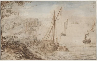 Paysage fluvial. Au premier plan, un bateau chargé et des hommes coupant des planches