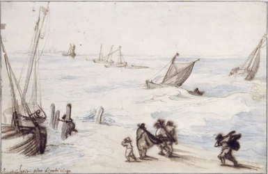 Plage avec voiliers et mer agitée