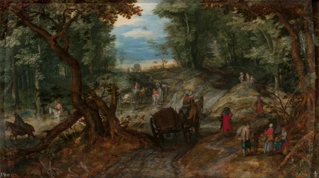 Forêt avec des charrettes traversant un ruisseau et des cavaliers