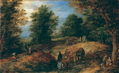 Paysage avec des voyageurs sur un chemin forestier, vers 1607
