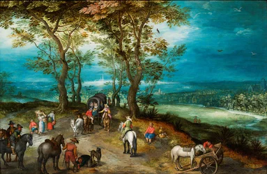 Paysage étendu avec charrette tirée par des chevaux et voyageurs sur une route