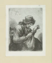 Femme avec aiguille et fil (Oeuvre Complette des Eaux Fortes par Jean Chalon)