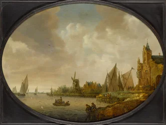 Paysage fluvial avec un moulin à vent, un bâtiment portuaire et des voiliers