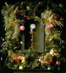 Calice et hostie de communion, entourés d