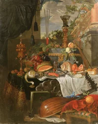 Nature morte avec des aliments et des instruments de musique