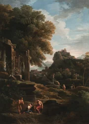 Paysage classique avec des figures au premier plan, des ruines à gauche et une figure au centre faisant un sacrifice