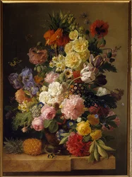 Fleurs sur une console en marbre avec un ananas, École flamande, XIXe siècle, Fontainebleau, Musée du Château