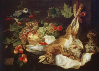 Lièvre, fruit et perroquet