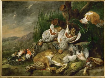 Lièvres et volatiles observés par un chien (peinture sur toile)