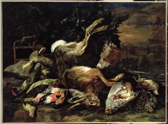 Nature morte avec un lièvre, des oiseaux chanteurs et un filet à oiseaux, avec un épagneul à l