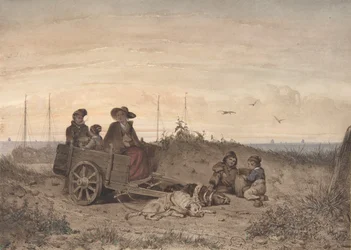 Famille de pêcheurs à la plage, la mère et un des enfants assis dans une charrette, 1855