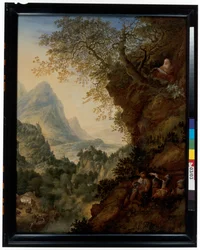 Un paysage rhénan avec un ermite et des soldats